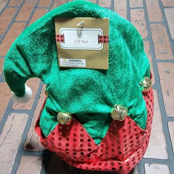 Christmas Elf Hat With Bells and Sequin Cuff Green and Red with White Pom Pom - Picture 1 of 2